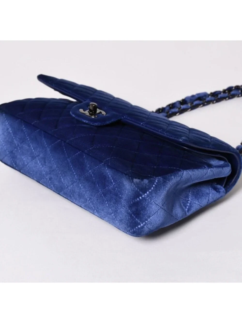 Chanel Quilted 25 Shoulder Bag Double Flap Velour Blue Black